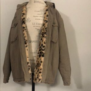 Vintage Havana Washed Olive with Faux Fur Leopard Lining Button Down Jacket NWOT